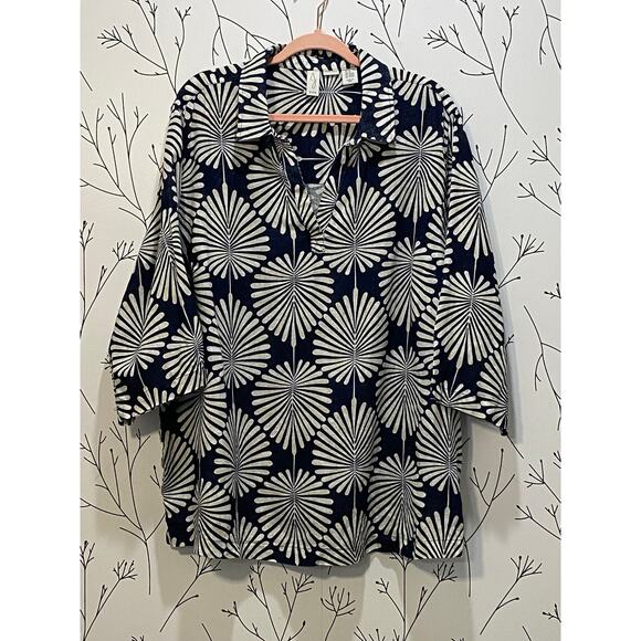 JOIE 100% Linen Collard Split Neck Tunic Top Size 2X Palm Leaf Tropical Resort - Picture 2 of 8